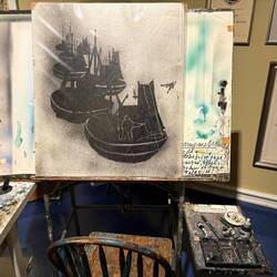 Set up of Epsilon's work. He used various items to scratch into soot.