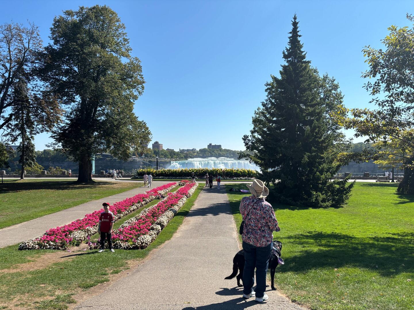 Jill walking Indy toward the river front.