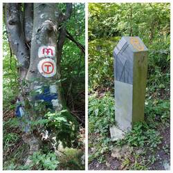 Via Transilvanica; the blue cross, and the circled T are waymarkers / km sign post