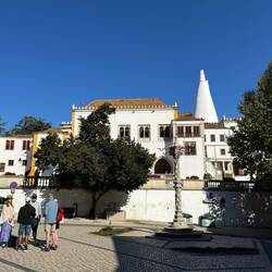 Outside of Sintra palace. The tall round things are the kitchen chimneys