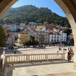 Old town of Sintra with Moorish castle on the hill behind