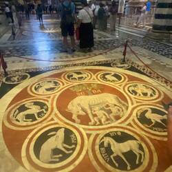 Hier sieht man die Wölfin von Rom, die Romulus und Remus säugt. Um sie herum die Symbole anderer Stä