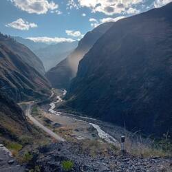 Th upstream section of the Rio Tablachaca gorge, a dusty landslide happening