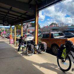 Lilz and the bikes outside Toast, in Pambula