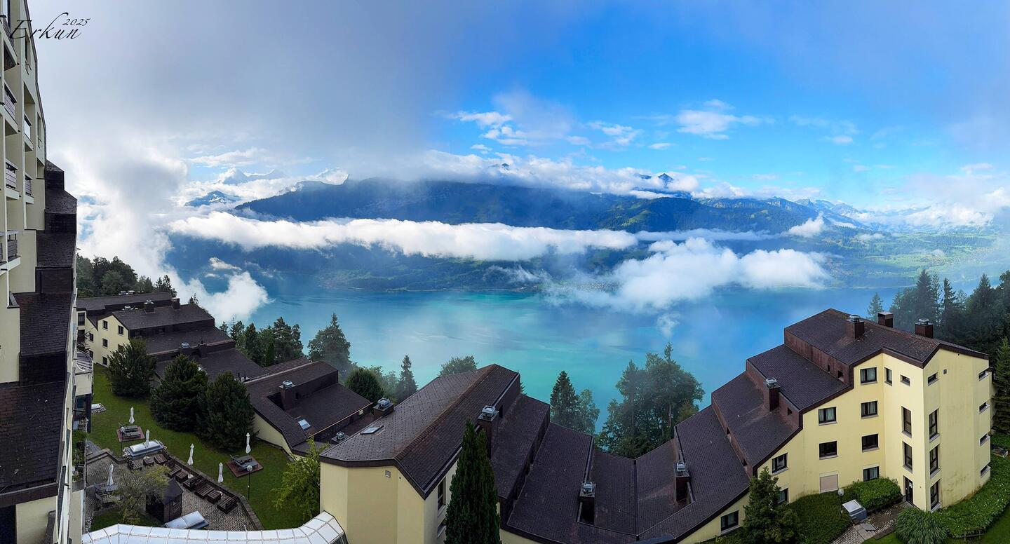 Our view is clearing; hoping it will clear for the First hike as well — Beatenberg, Switzerland.
