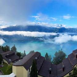 Our view is clearing; hoping it will clear for the First hike as well — Beatenberg, Switzerland.