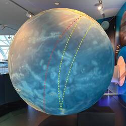 A display at the Planetarium. I've put the lines on the globe to show our huge distance from US.