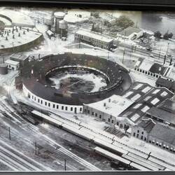 How the original railroad roundhouse (the dark roof) looked at Aurora, now also a function centre.