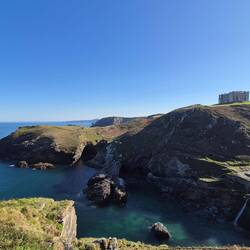 The view from Tintagel Castle, that's Camelot Castle Hotel (not the "real" Camelot).