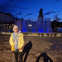 In front of statue of Leon Gambetta who is tge local hero of Cahors. Fought in Franco Prussian wars