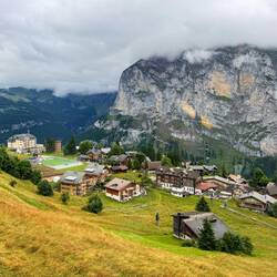 View of Mürren from the funicular to Allmendhubel — Switzerland.