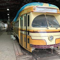 An electric Interurban car undergoes restoration at the IRM