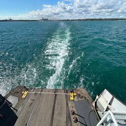Bye, bye Wisconsin. Some of the old rail trackage still remains on the Badger's vehicle deck.