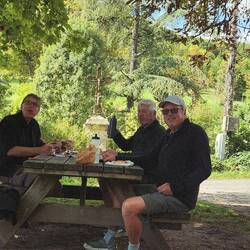Francis Lee and Brian lunching. Francis had a tinned mackerel for lunch