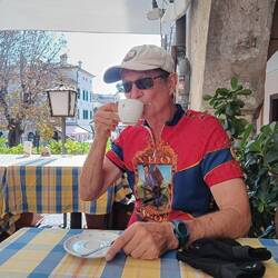 Sipping coffee in Asolo, Italy