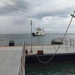 The ferry approaching for the 200 meter ride to the island of Pellestrina