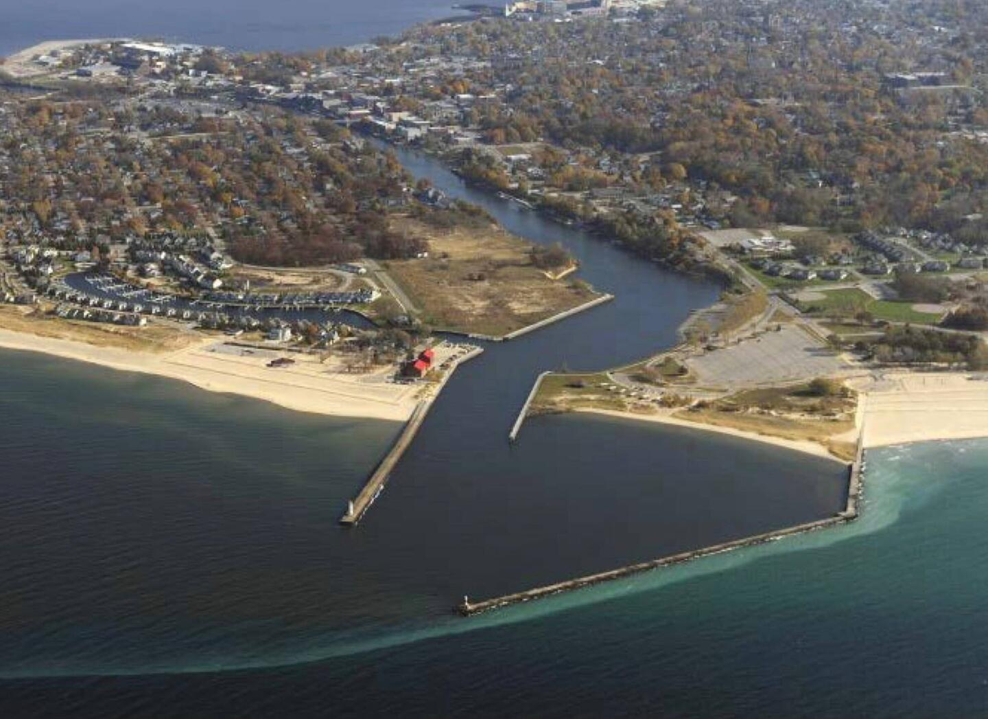 Aerial of Manistee, MI, courtesy of Manistee County. The port is on the lake, obscured to left.