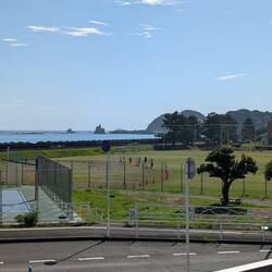 View of the water and soccer practice