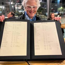 Helen perusing the wine menu