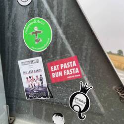 I've been seeing these Eat Pasta Run Fasta stickers since we started the Camino. 😂