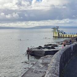 Springturm und Freibad mit todesmutigen Schwimmern