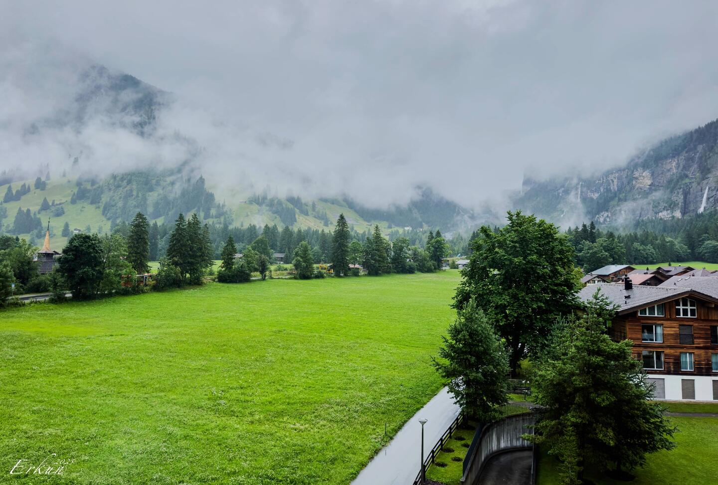 You can't see the rain in this photo, but you can see the low-lying clouds — Kandersteg, Switzerland