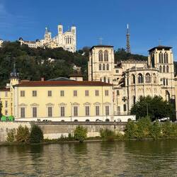 Basilica of Notre Dame of Fourvière on the hill with Cathédrale Saint-Jean-Baptiste in front