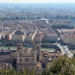View with Cathédrale Saint-Jean-Baptiste in the foreground. You can see the Rhone and Saone rivers