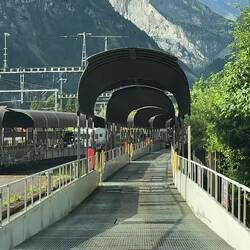 We drive onto the train and off we go — Lötschberg Tunnel car train in Kandersteg, Switzerland.