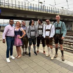 The crew geared up for Oktoberfest and getting on the subway