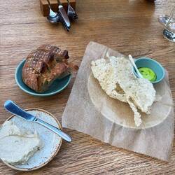 Sourdough and mushroom whipped butter. Popped tapioca and mustard seeds with celery mayonnaise