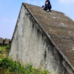 Climbing a strange, "modern" construction.