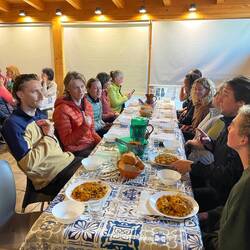 Pilgrim's dinner at our albergue, delicious paella with chicken and vegetables.