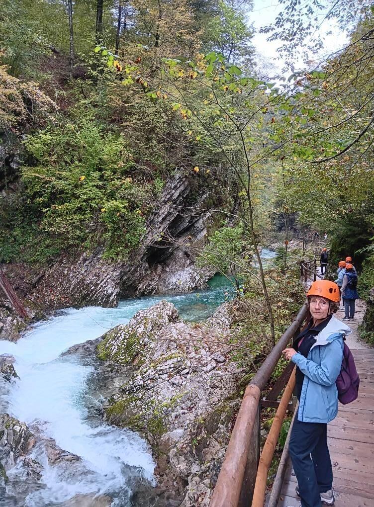 Anna with rock helmet on the Vintgar Gorge trail