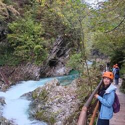 Anna with rock helmet on the Vintgar Gorge trail