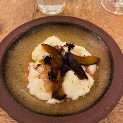 Cooked milk pudding with figs, preserved lemon and orange blossom syrup
