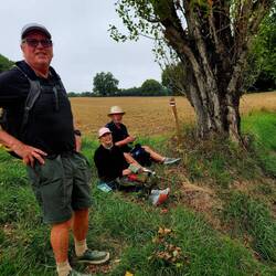 Morning tea on side of road. Apples and nuts