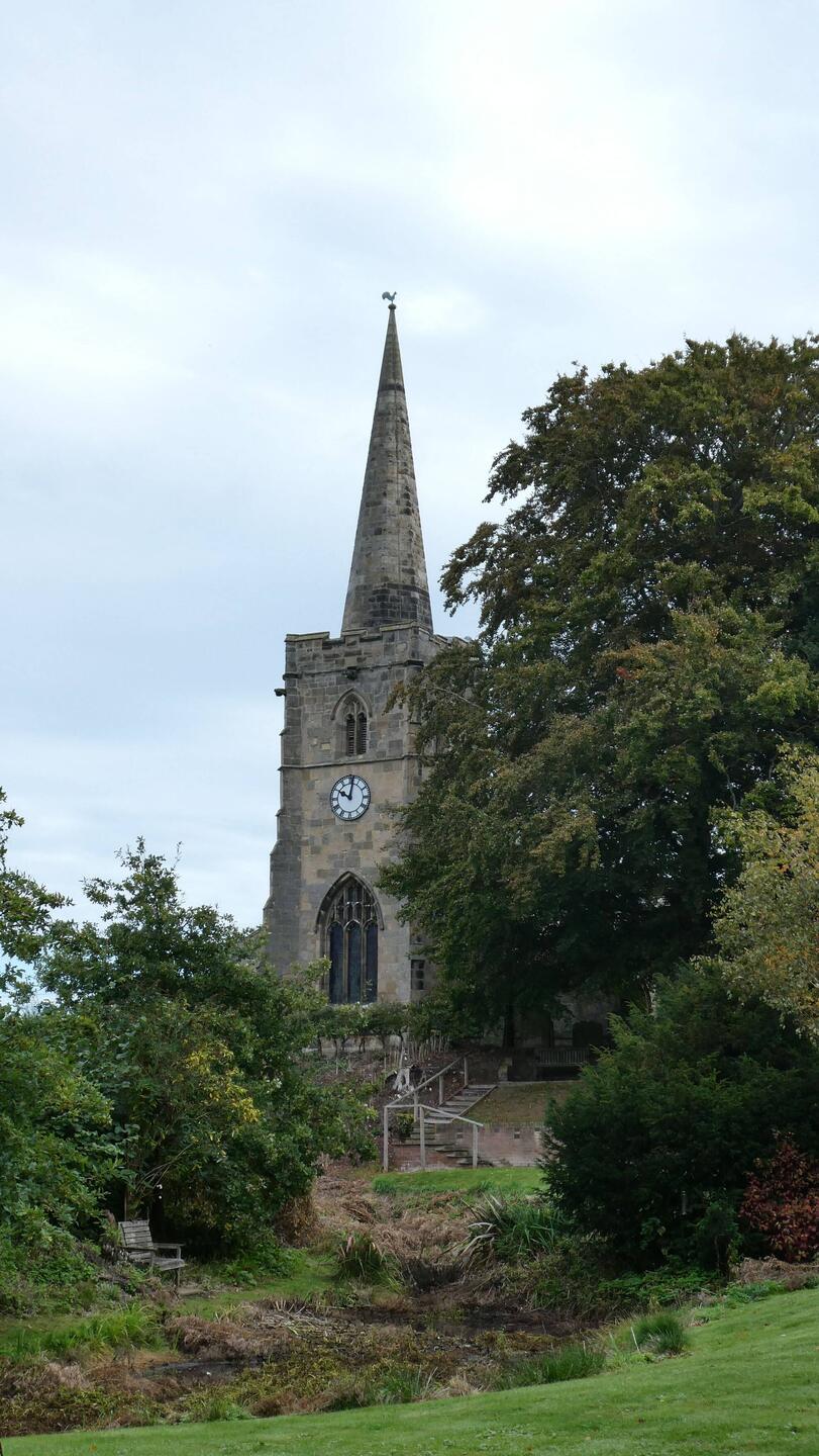 Leaving Ganton, with a quick peek at the 14th century spire of the local church as we left