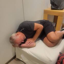 Randy trying out his new bed