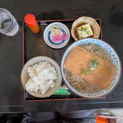 Soba noodles with kitsune (fried tofu), rice, tofu, pickles, chili powder