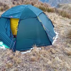 Snow/hail has fallen overnight, cold surprise when coming out of the tent!