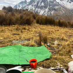 Breakfast at 4600m with fresh snow on the mountains and next to the coffee