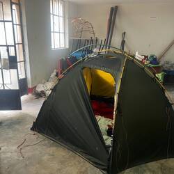 Camped out of the rain in the village "hall"