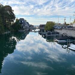 Looking down the Leland River toward the weir, old fishtown, and the marina