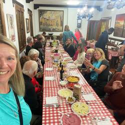 Pilgrim's dinner with food contributed by everyone.