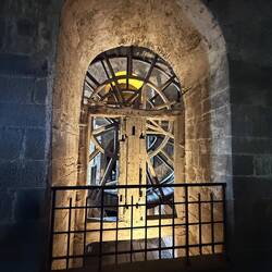 Wheel used to pull food and supplies up from below, easier than the steps