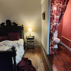 Note the curtain for toilet privacy!