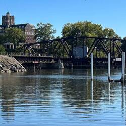 Closeup of railroad swingbridge from our marina dock