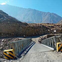 The bridge is very warped: a pillar has been dislodged by a flood