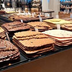 Chocolate slices on display in Laderach chocolate shop opposite our apartment